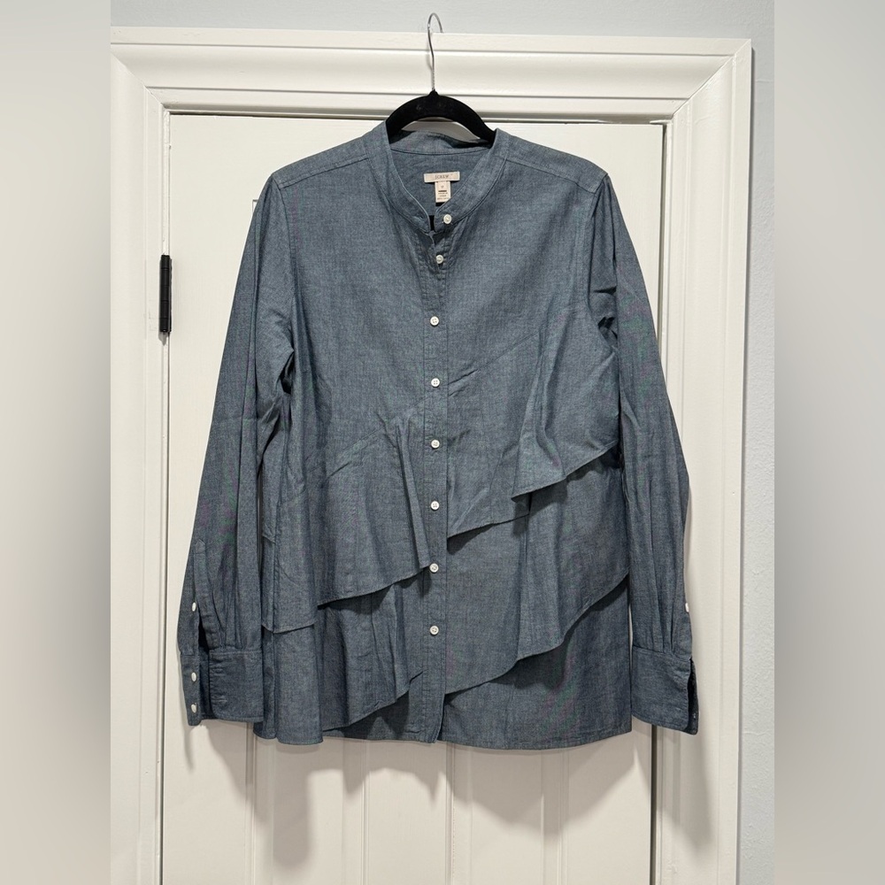 J. Crew Chambray Blue Ruffle Button-Down Shirt